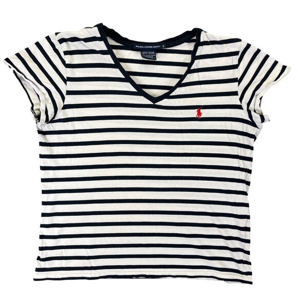 Ralph Lauren Sport Womens V-Neck Striped T-Shirt Large Cotton - Picture 1 of 9